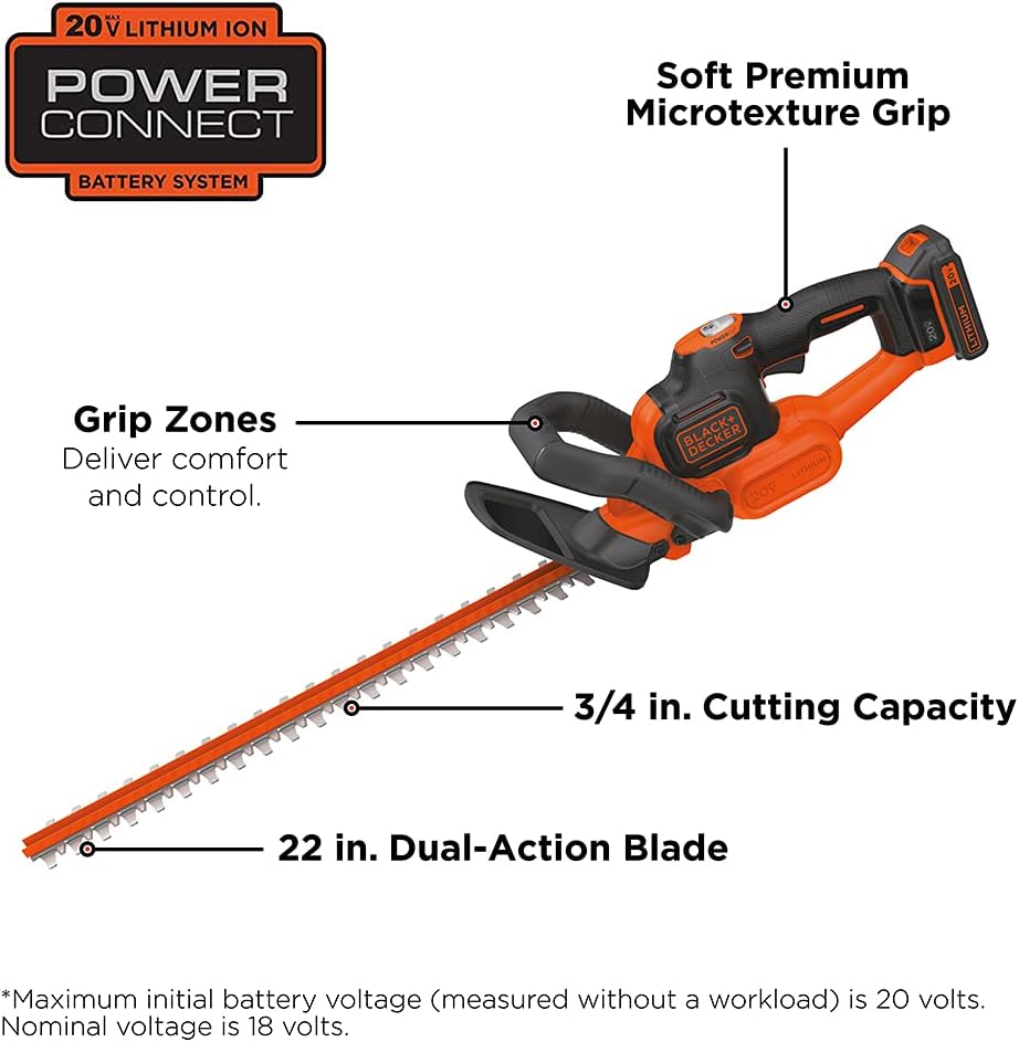 BLACK+DECKER 20V MAX Cordless Hedge Trimmer with Power Command Powercut, 22-Inch (LHT321FF)