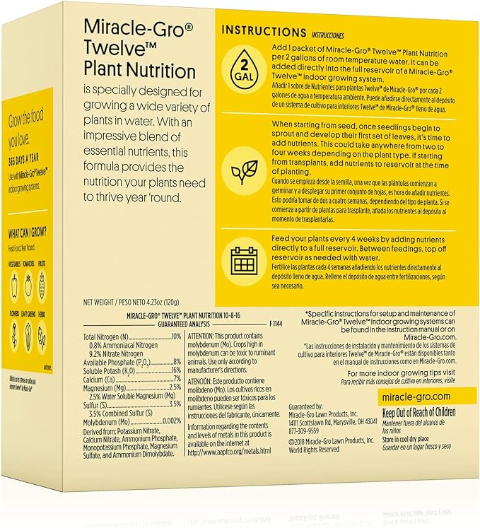 Miracle-Gro Twelve Plant Nutrition 12 Pre-Dosed Packets for Indoor Gardening - Plant Food for Vegetables, Fruits and Flowers, Designed for Growing Plants in Hydroponic Systems