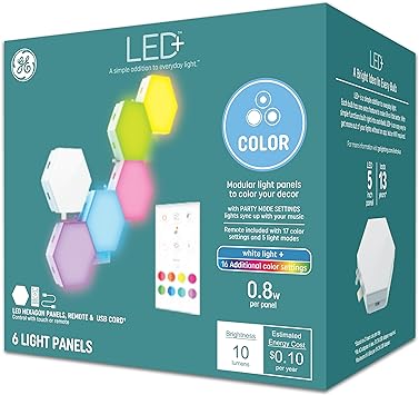 GE LED+ Color Changing LED Hexagon Tile Panels with Remote, No App or Wi-Fi Required (6 Pack)