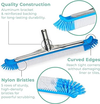 Greenco Pool Brush Head Heavy Duty Aluminum Extra Wide 20" Pool Floor & Wall Cleaning Brush w/Curved Ends for Better Corner Cleaning & Protects Accidental Tears in Pool Liner, EZ Clip Pole Attachment